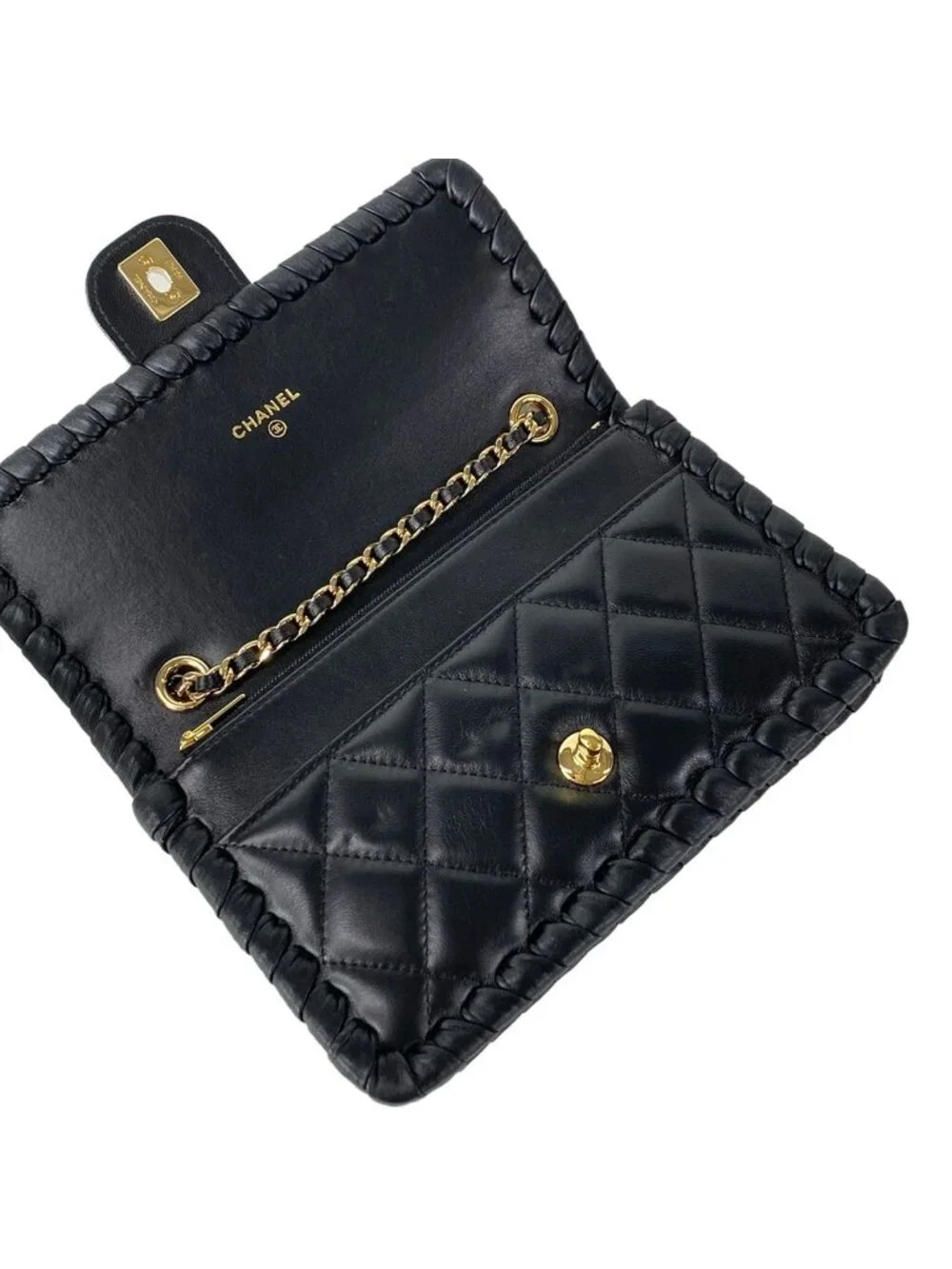 Chanel Wallet Quilted Black Chain Gold Coin Charm Braided Metal Lambskin